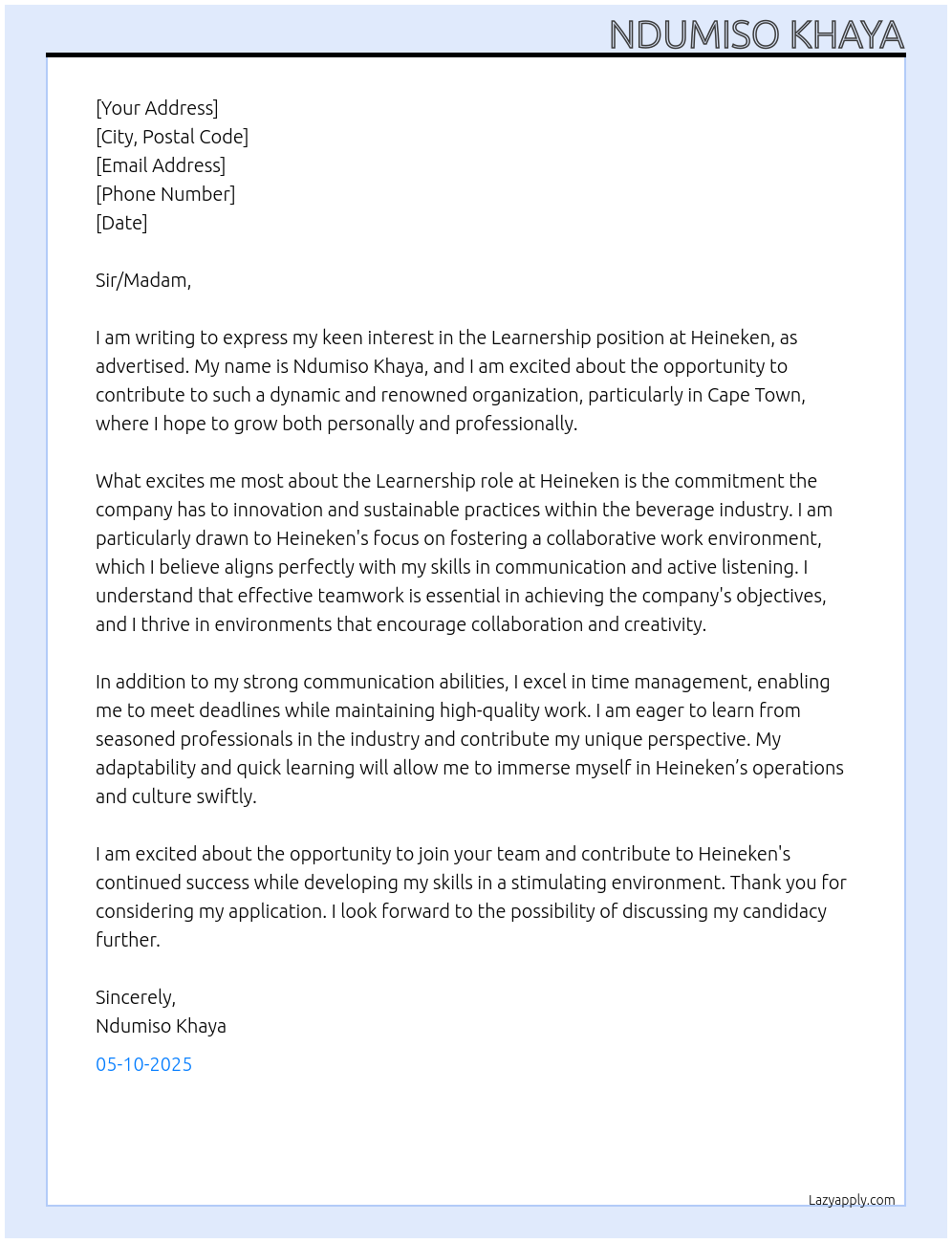 Leanership At Heineken Cover Letter