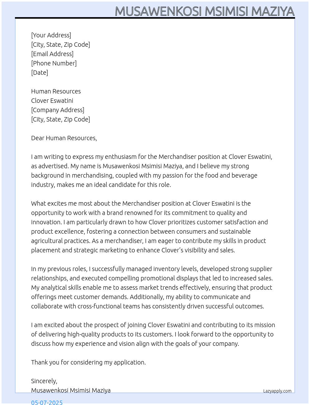 Merchandiser At Clover Eswatini Cover Letter