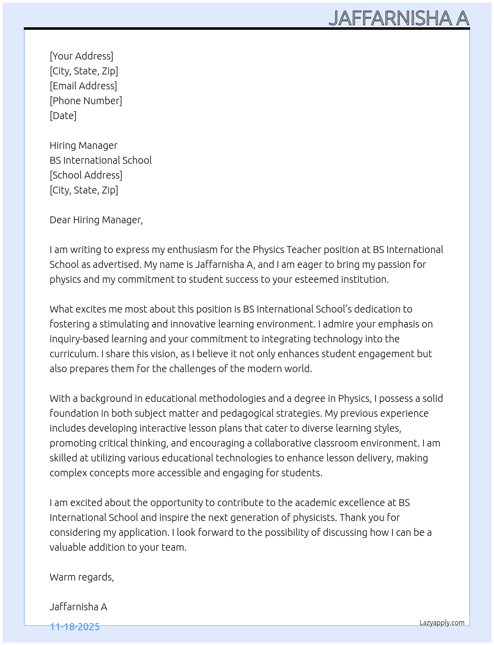 Cover letter for physics teacher - LazyApply