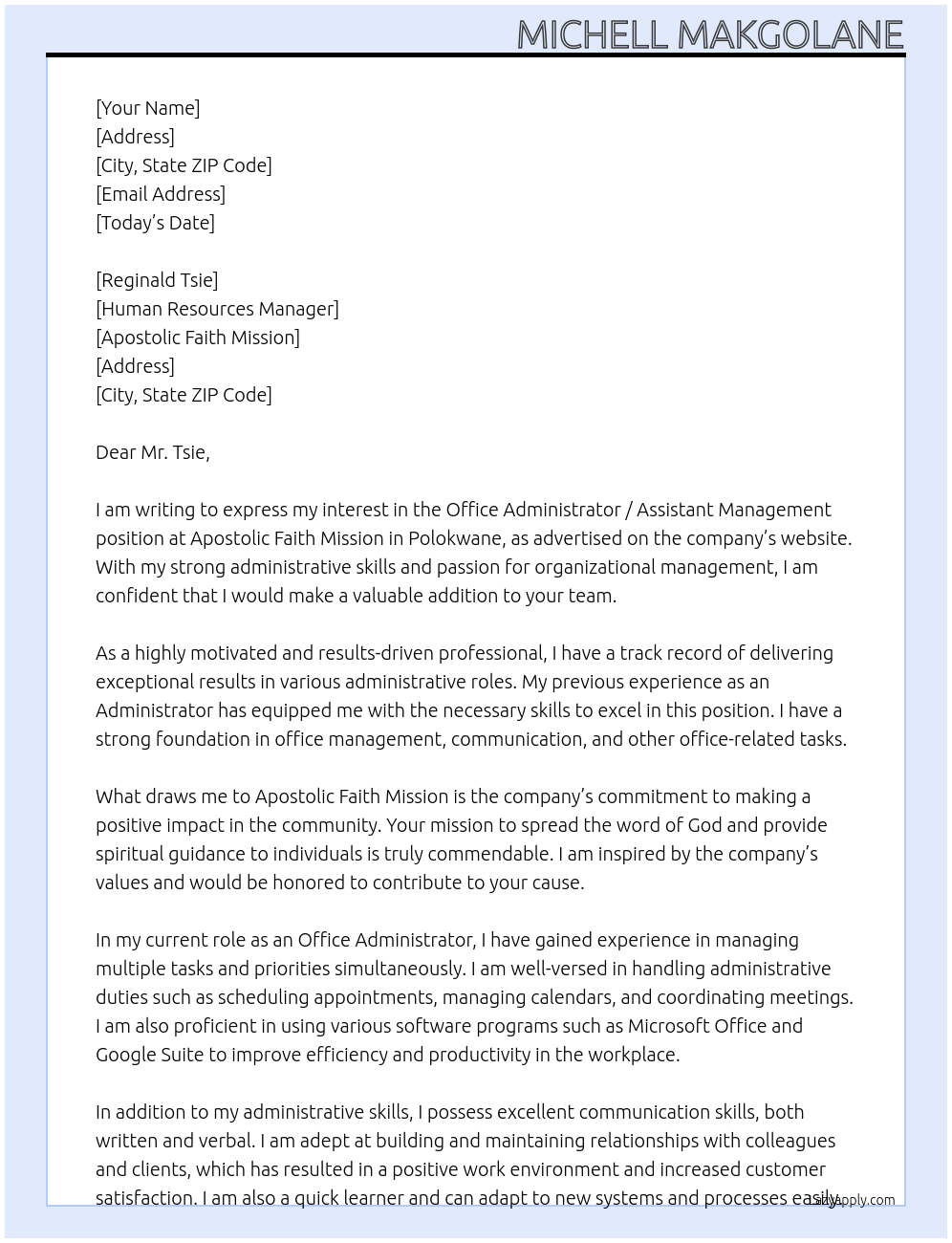 Cover letter for office administrator / assistant management - LazyApply