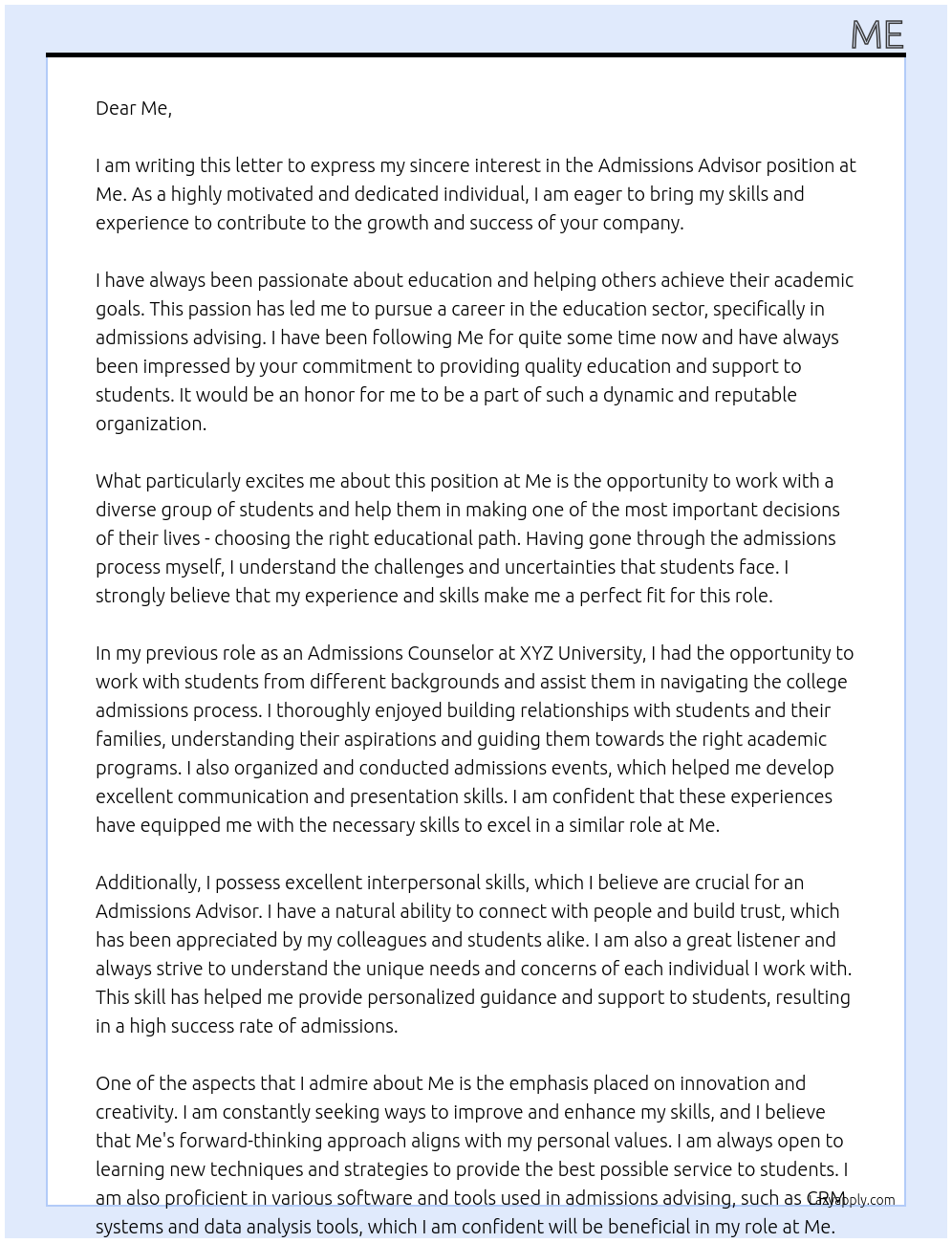 Cover letter for admissions advisor - LazyApply