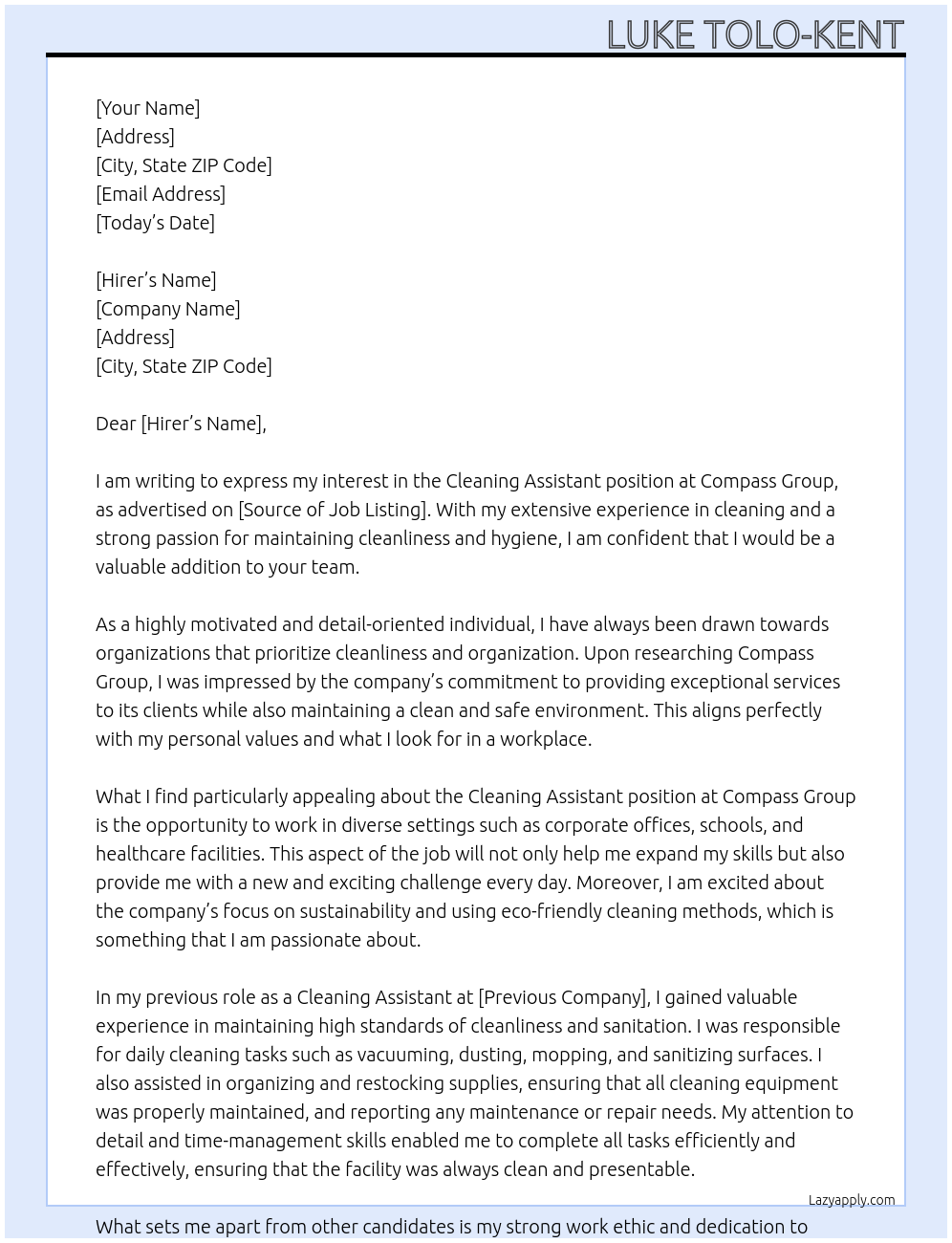 Cleaning Assistant At Compass Group Cover Letter