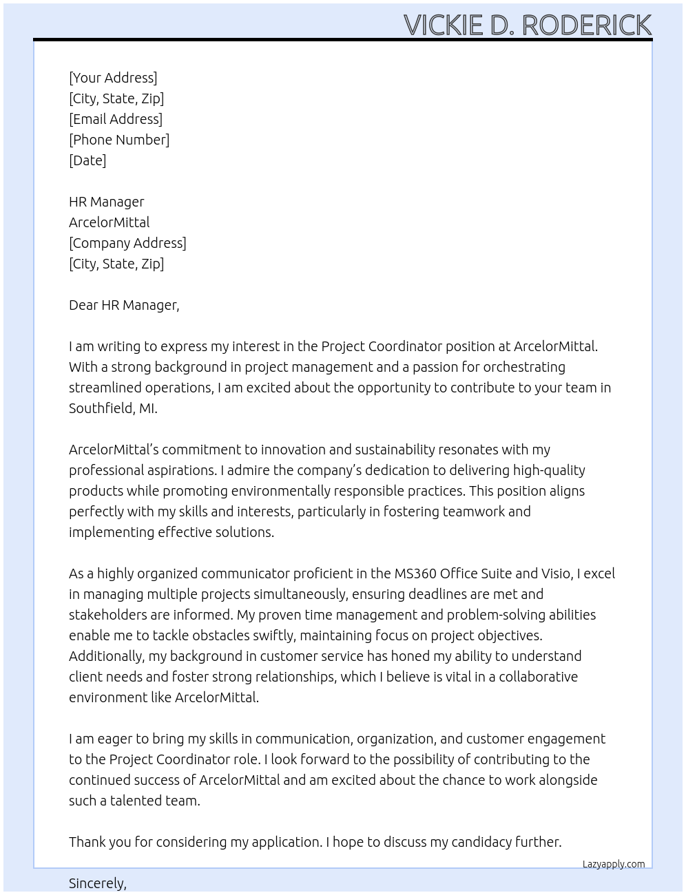 Project Coordinator At ArcelorMittal Cover Letter