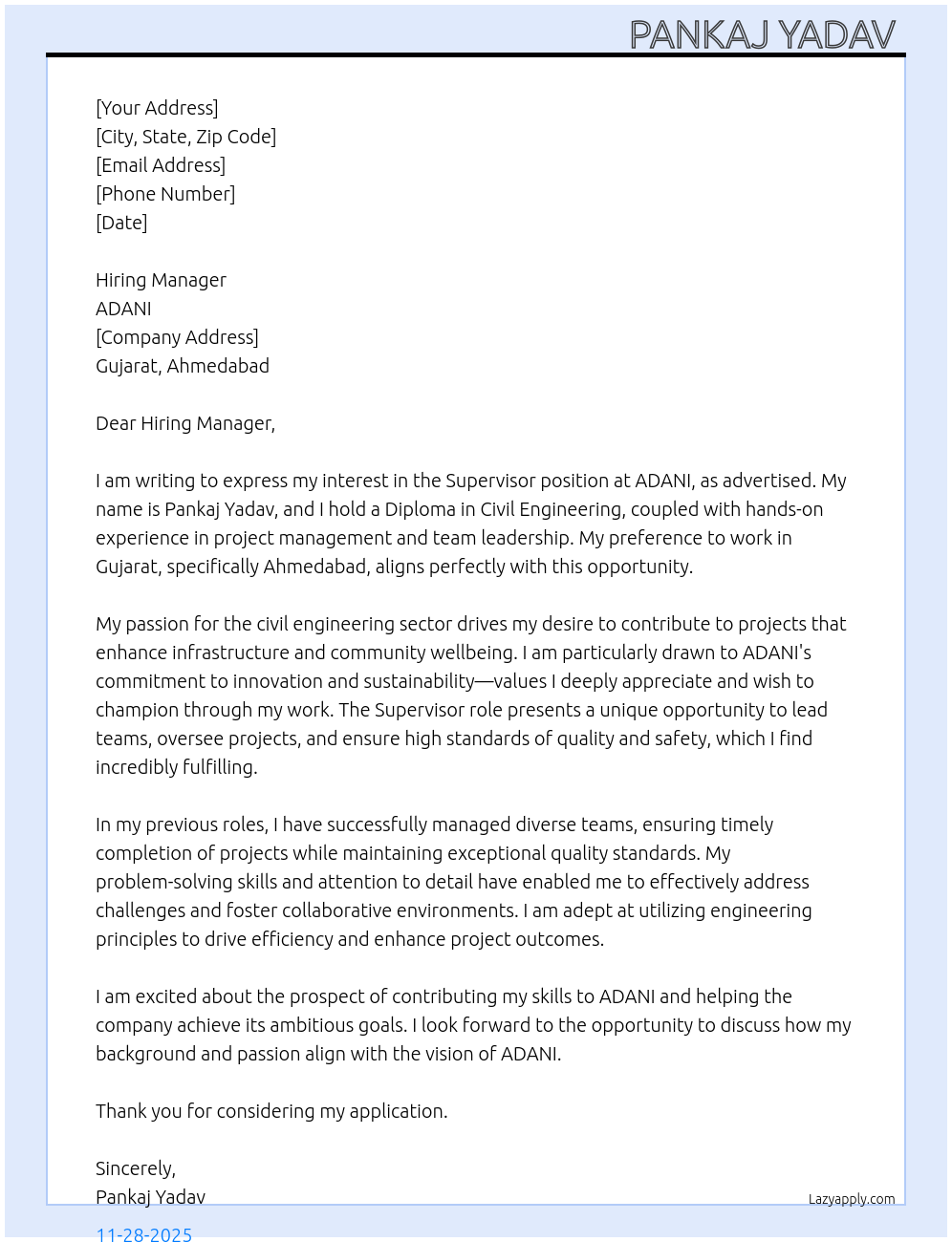 Supervisor At ADANI Cover Letter