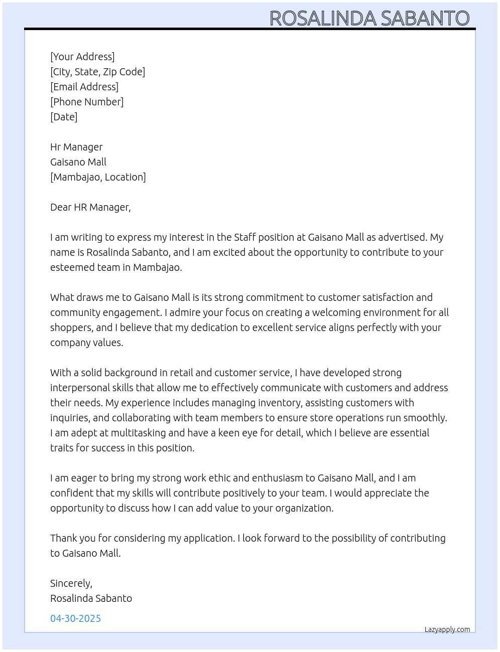 Staff At Gaisano mall Cover Letter