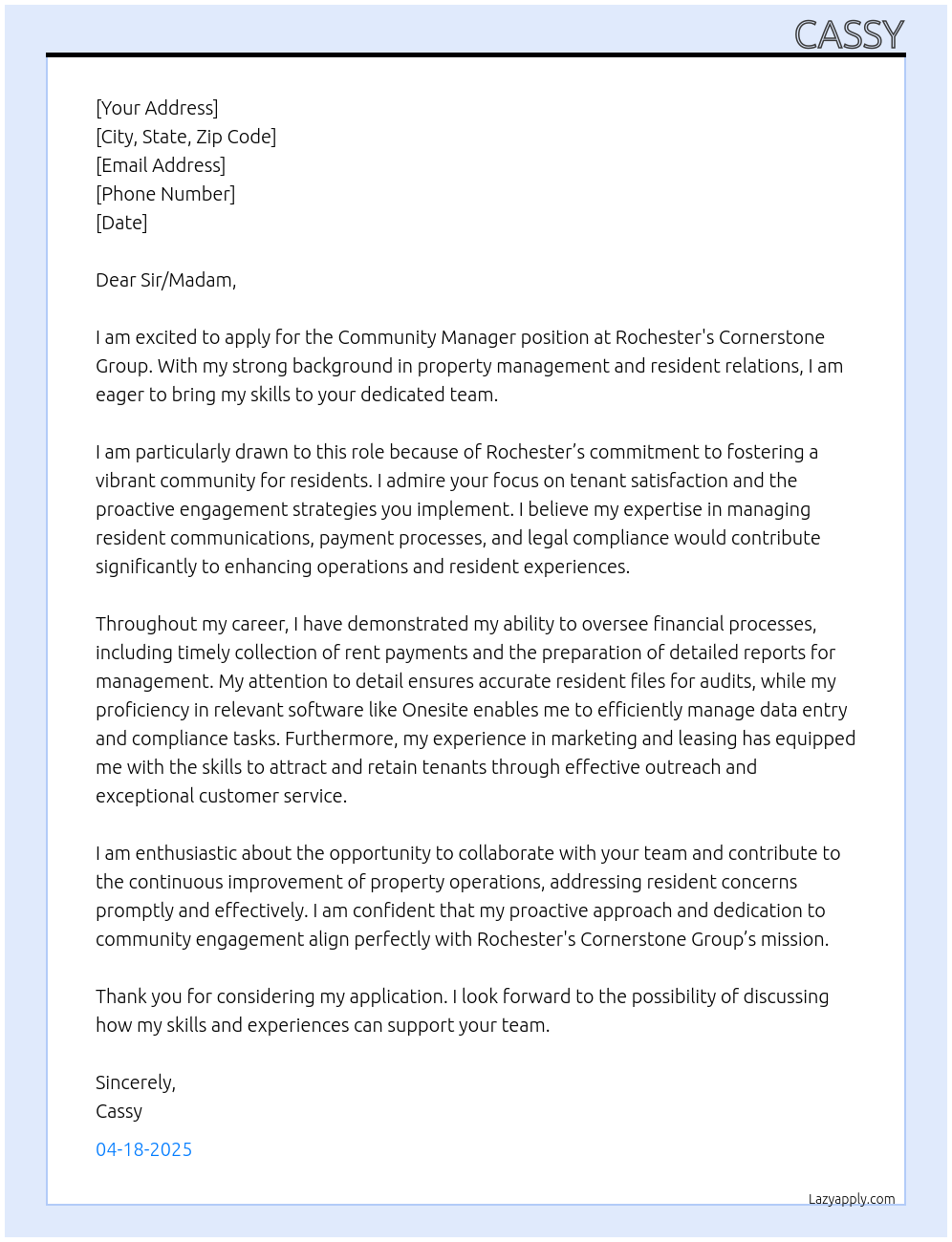 Community Manager At Rochester's Cornerstone Group Cover Letter