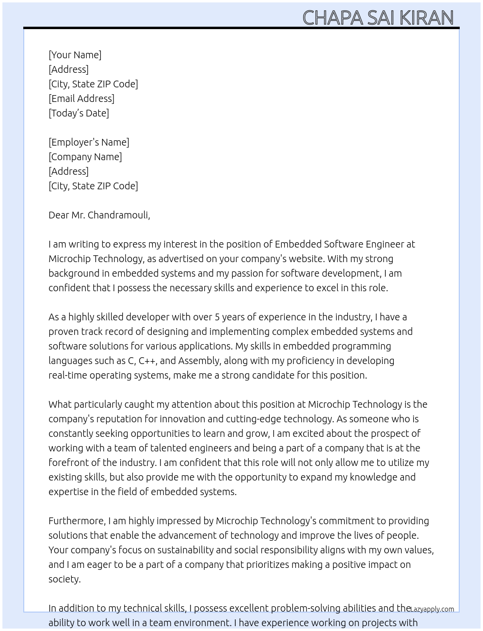 Cover letter for embedded software engineer - LazyApply