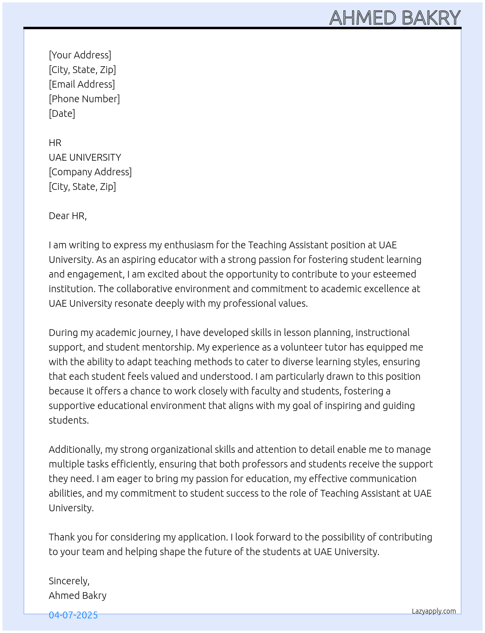 Teaching Assistant At UAE UNIVERSITY Cover Letter