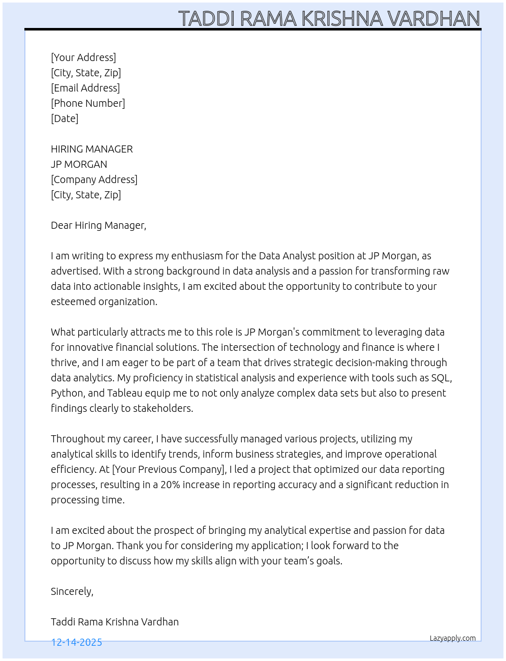 Cover letter for data analyst - LazyApply