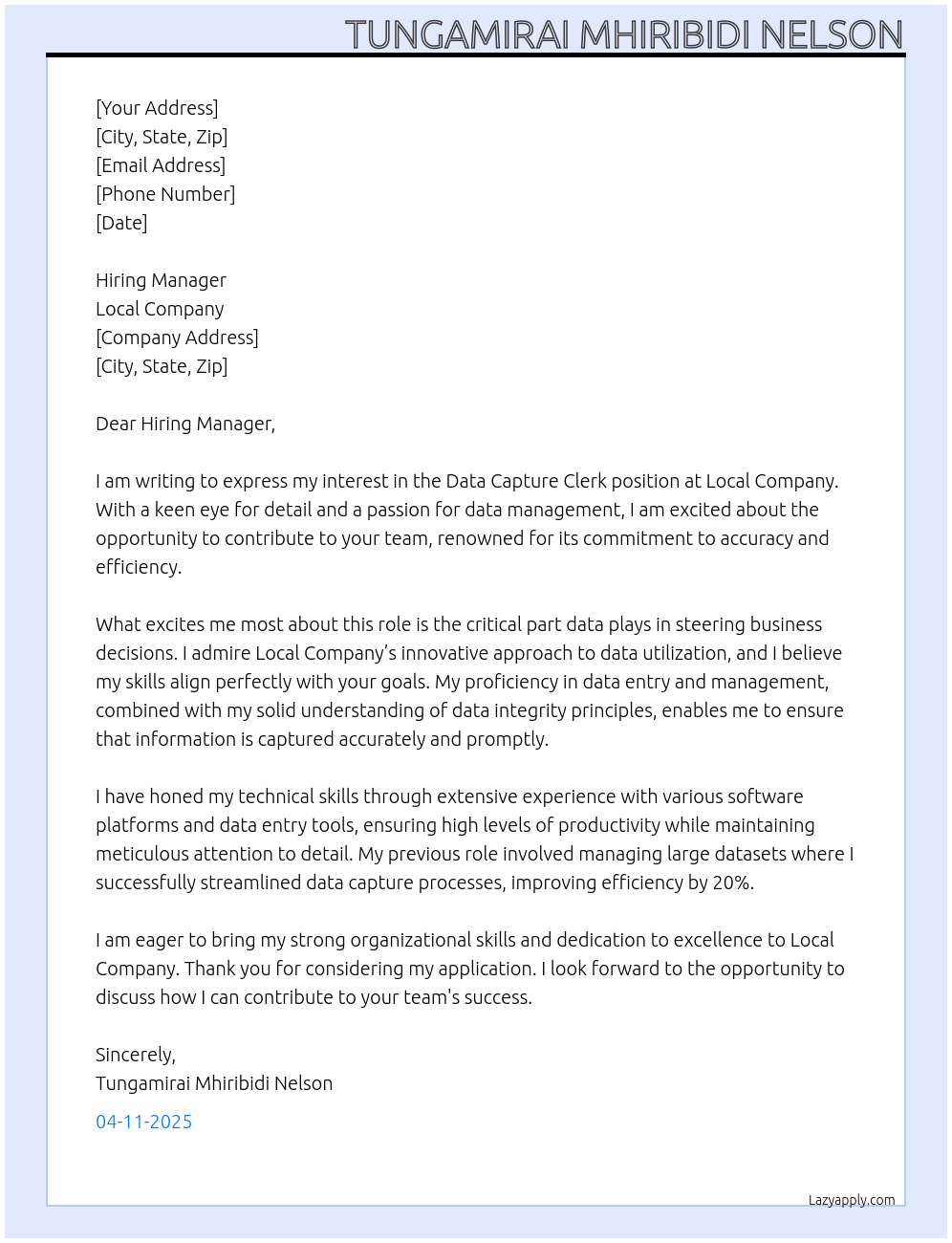 Cover letter for data capture clerk - LazyApply