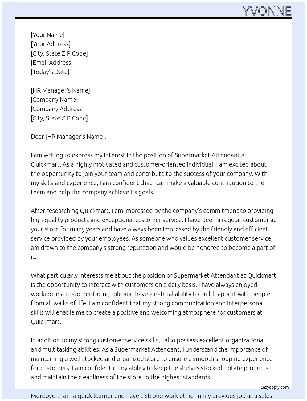 supermarket attendant At quickmart Cover Letter