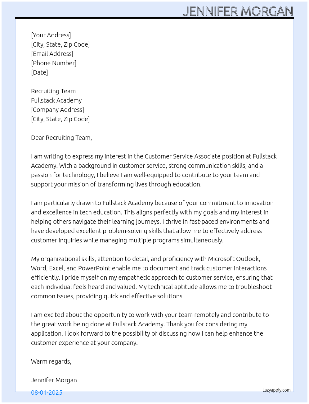 Customer Service Associate At Fullstack Academy Cover Letter