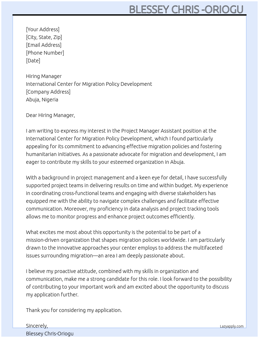 Cover letter for project manager assistant - LazyApply