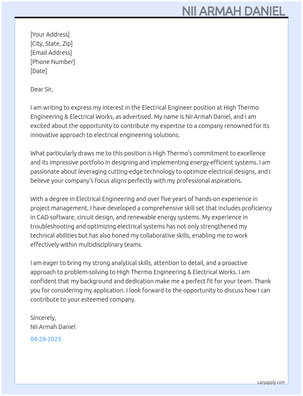 ELECTRICAL Engineer At HIGH THERMO ENGINEERING & ELCTRICAL WORKS Cover Letter