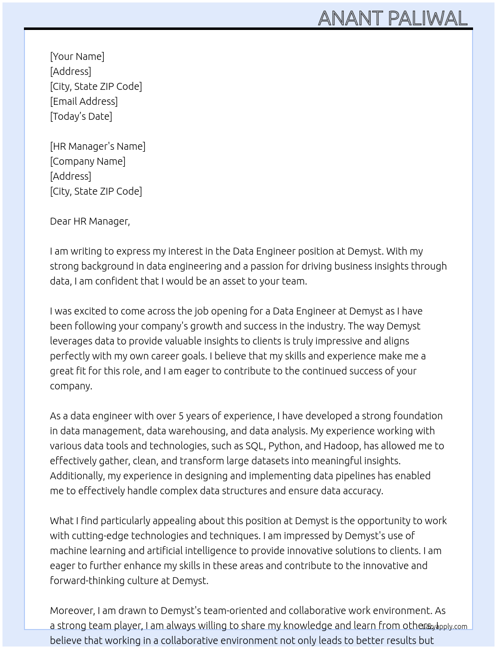 Data engineer At Demyst Cover Letter