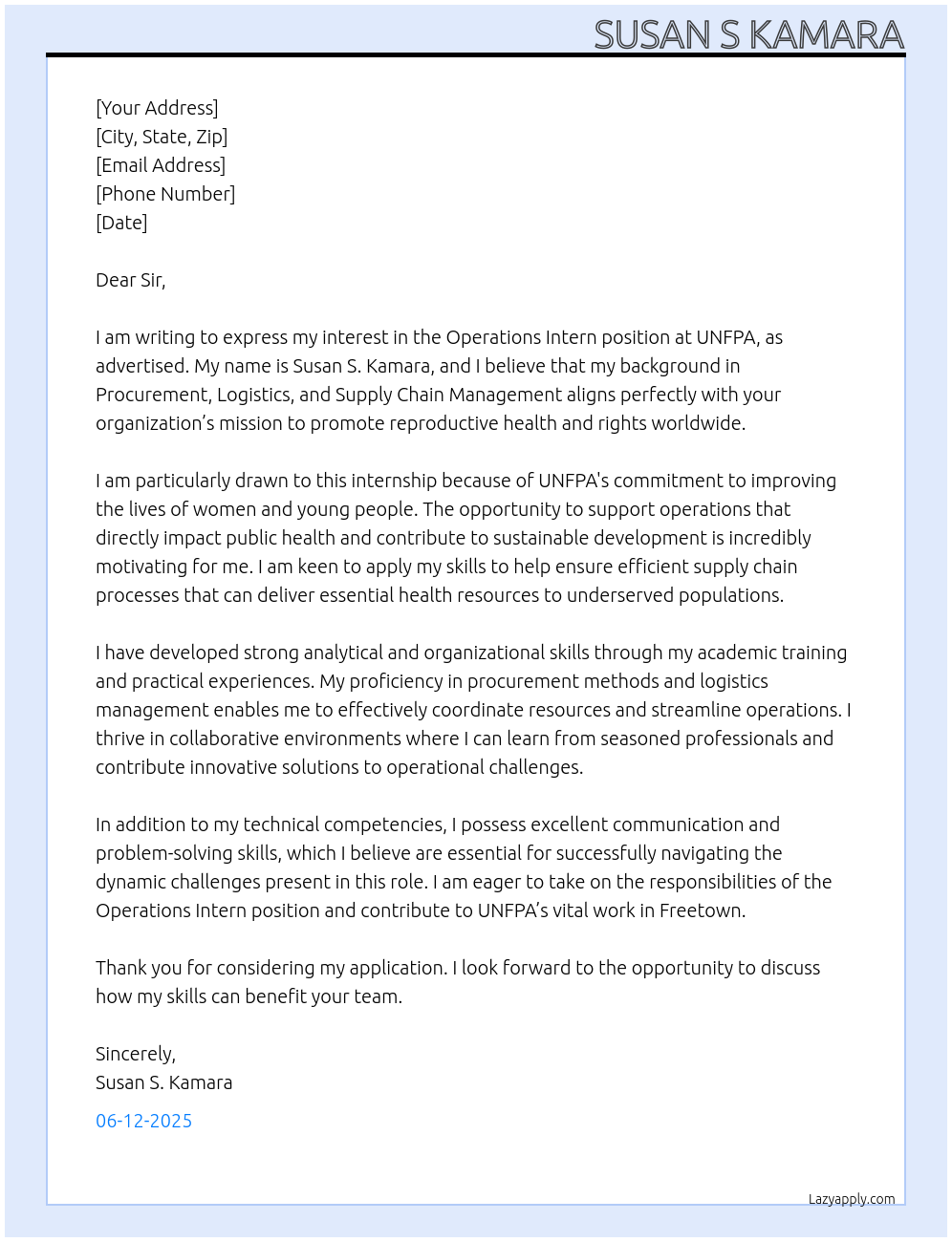 Operations Intern  At UNFPA Cover Letter