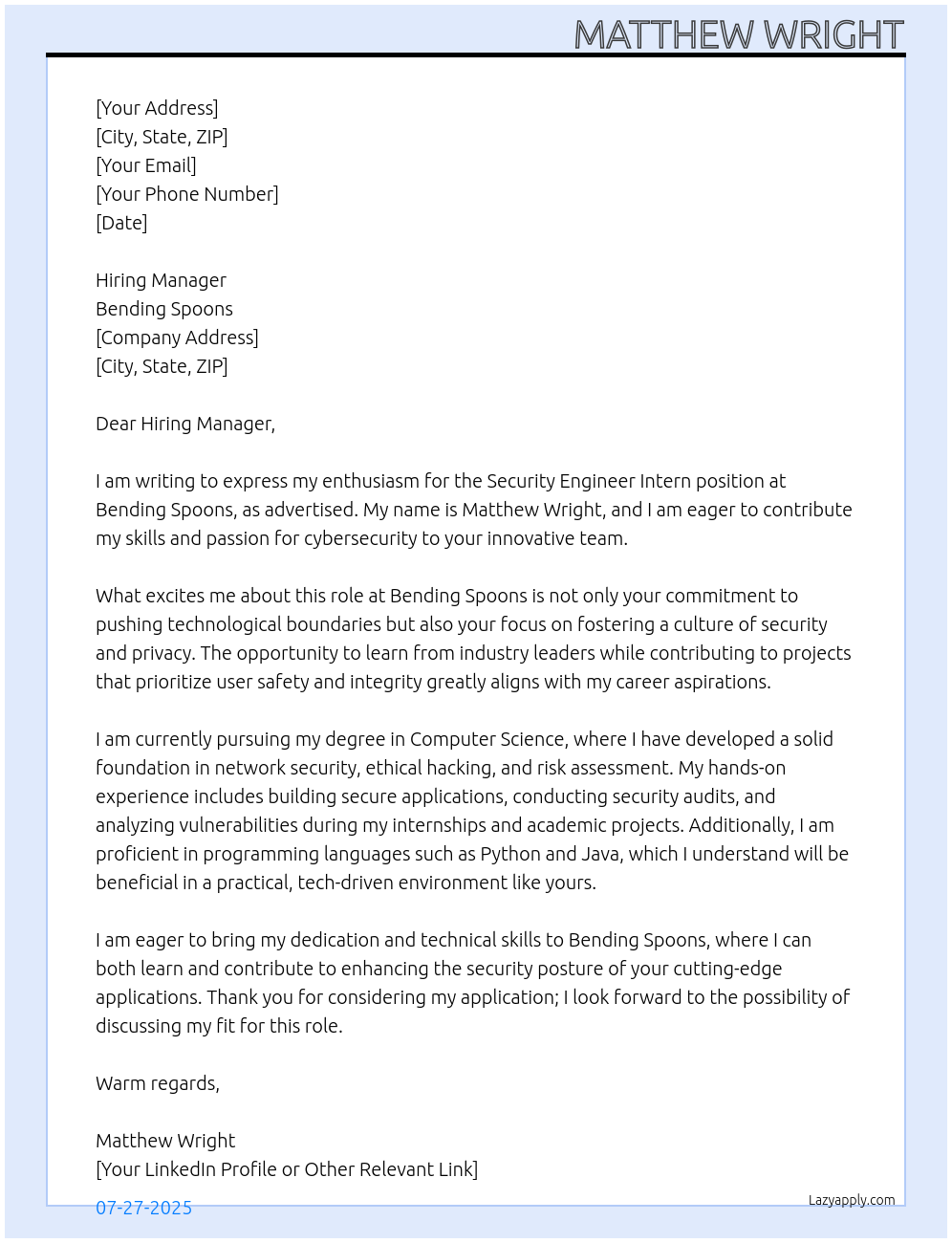 Cover letter for security engineer intern - LazyApply