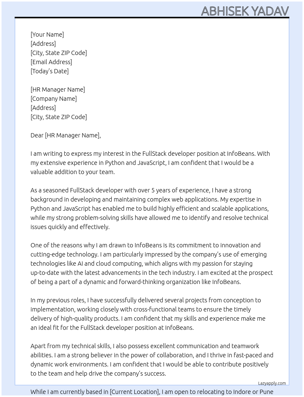 FullStack developer At InfoBeans Cover Letter