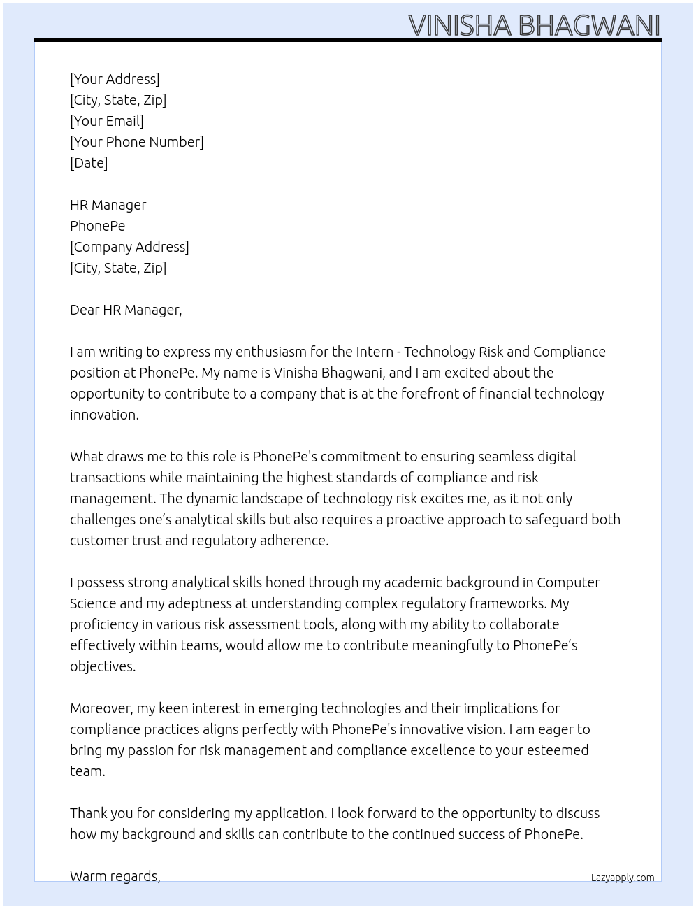 Cover letter for intern-technology risk and compliance - LazyApply