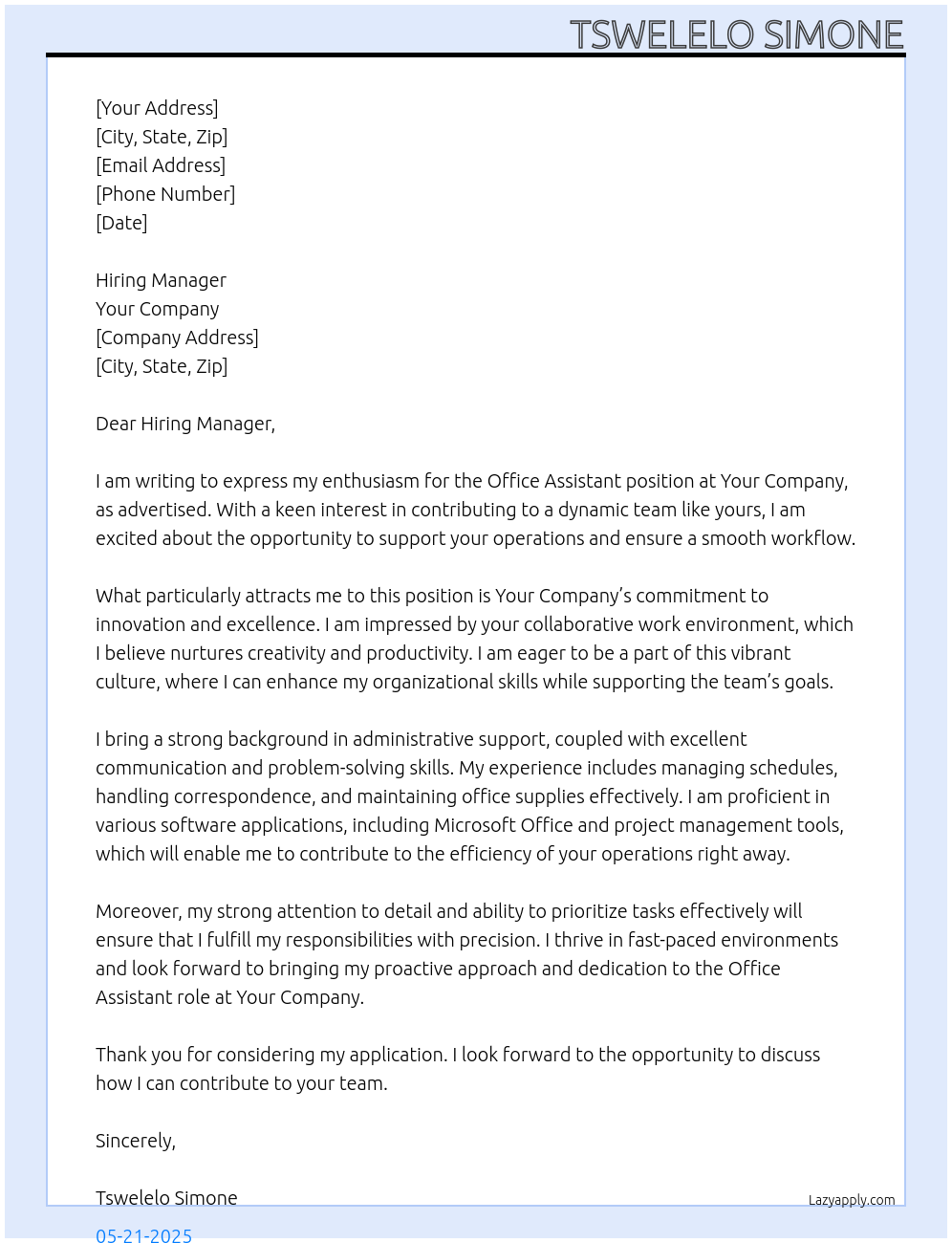 Office assistant  At your company Cover Letter