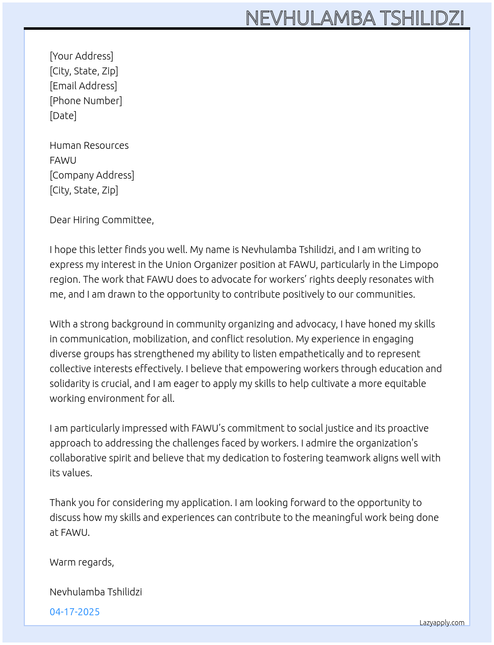Cover letter for union organizer - LazyApply