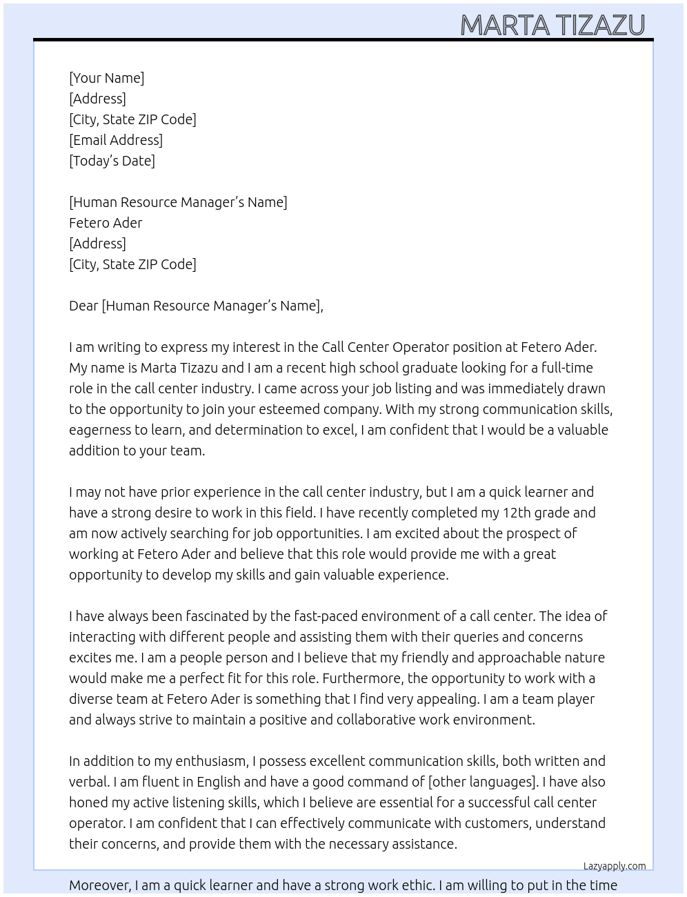 Cover letter for call center operater - LazyApply