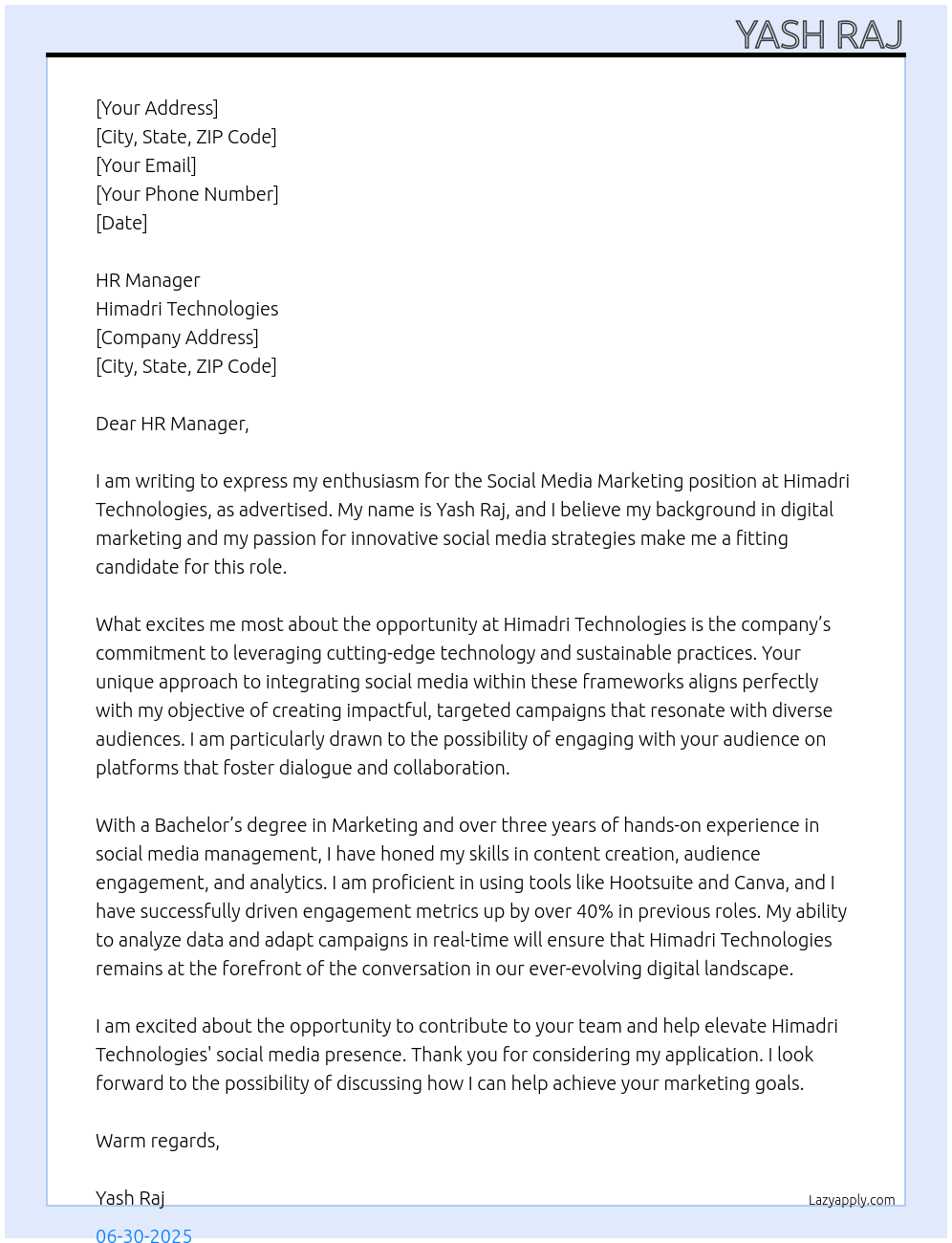Social media marketing At Himadri Technologies Cover Letter