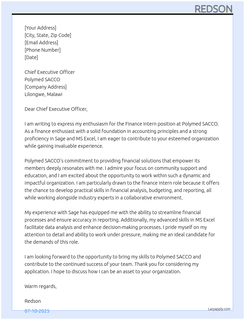 Finance Intern At Polymed SACCO Cover Letter