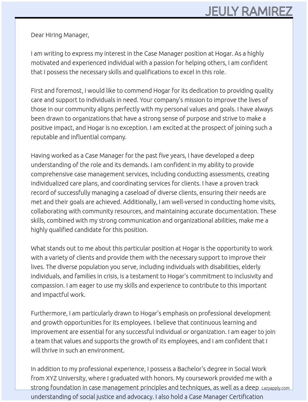 Case manager At Hogar Cover Letter