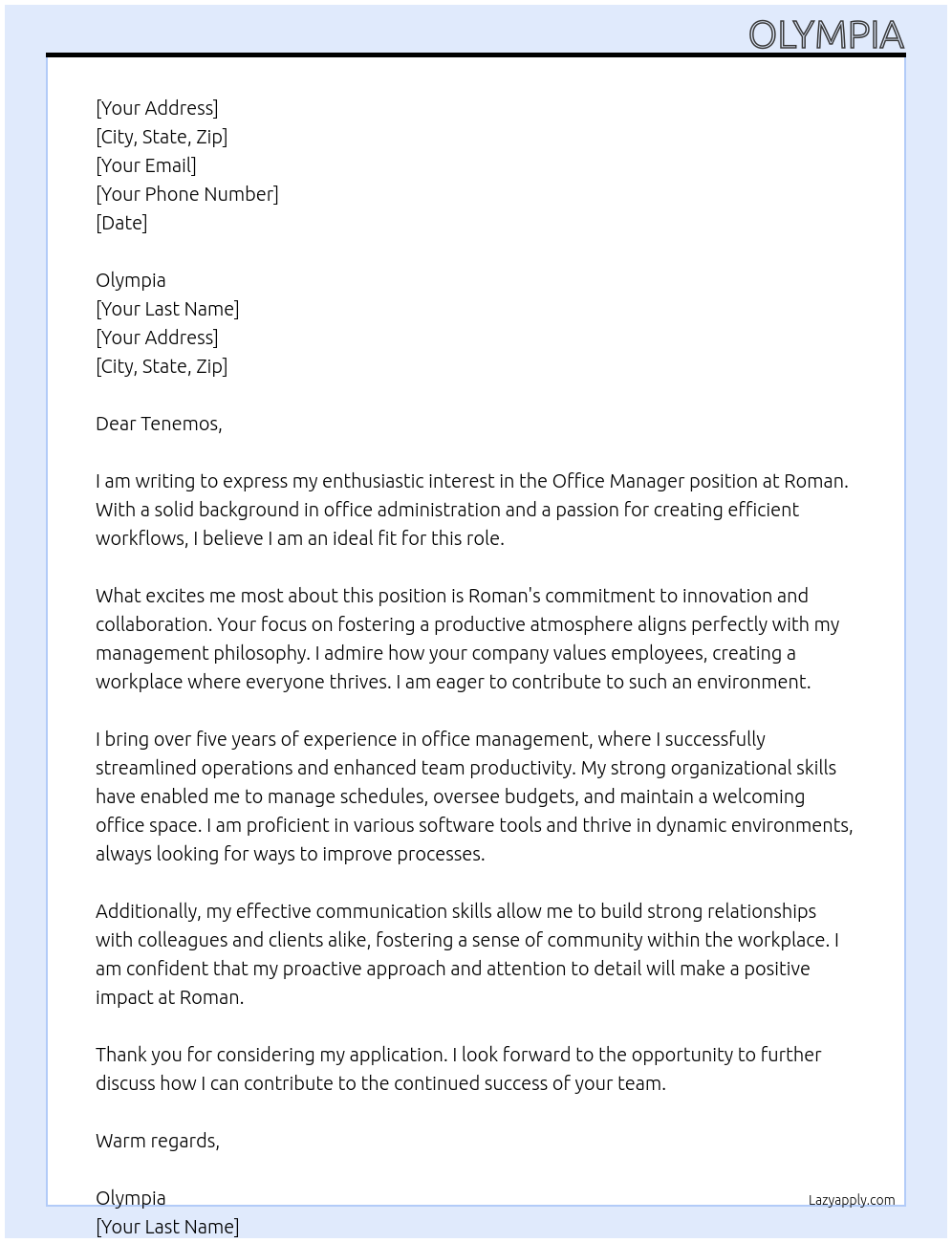 Office Manager At Roman Cover Letter