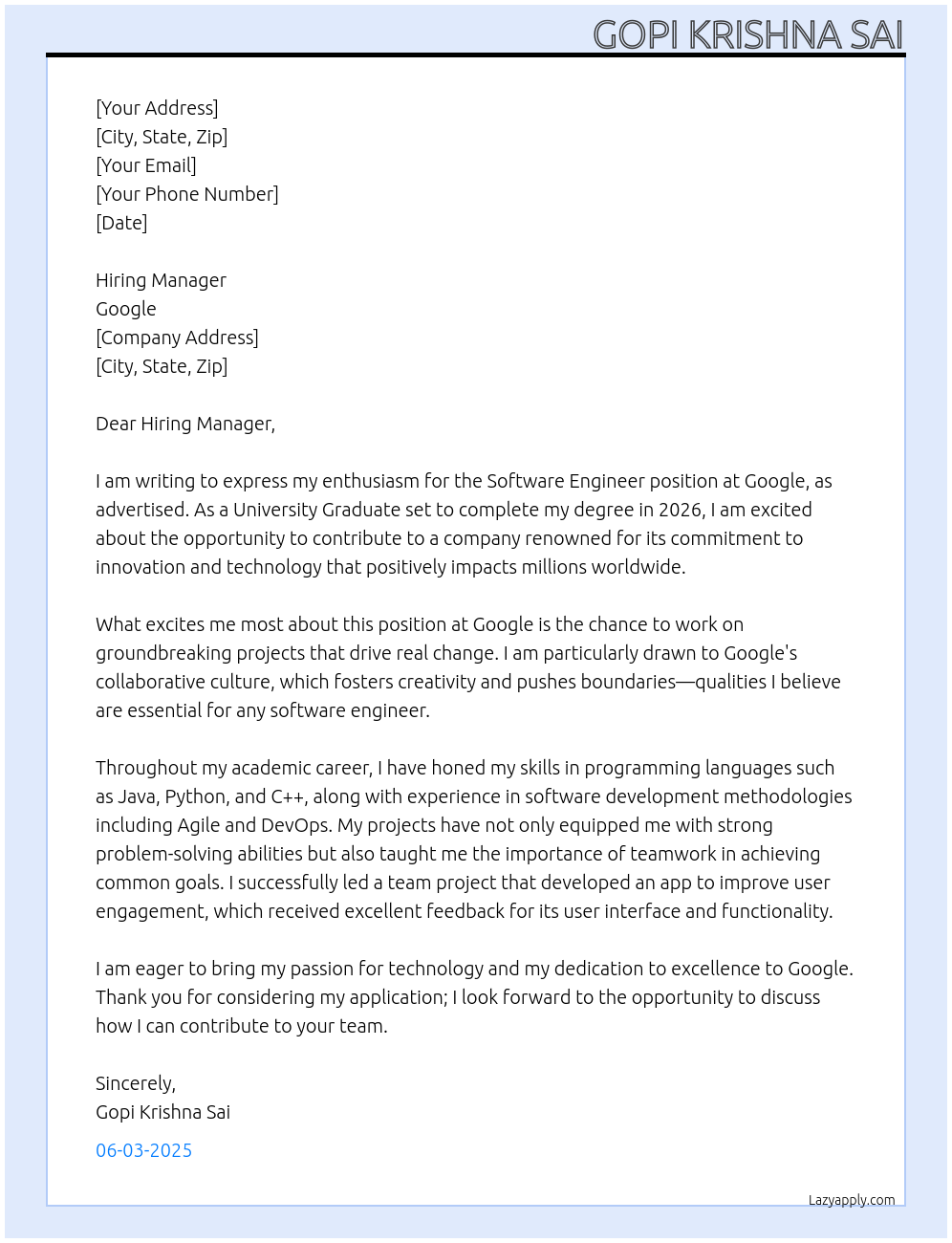 Cover letter for software engineer, university graduate, 2026 - LazyApply
