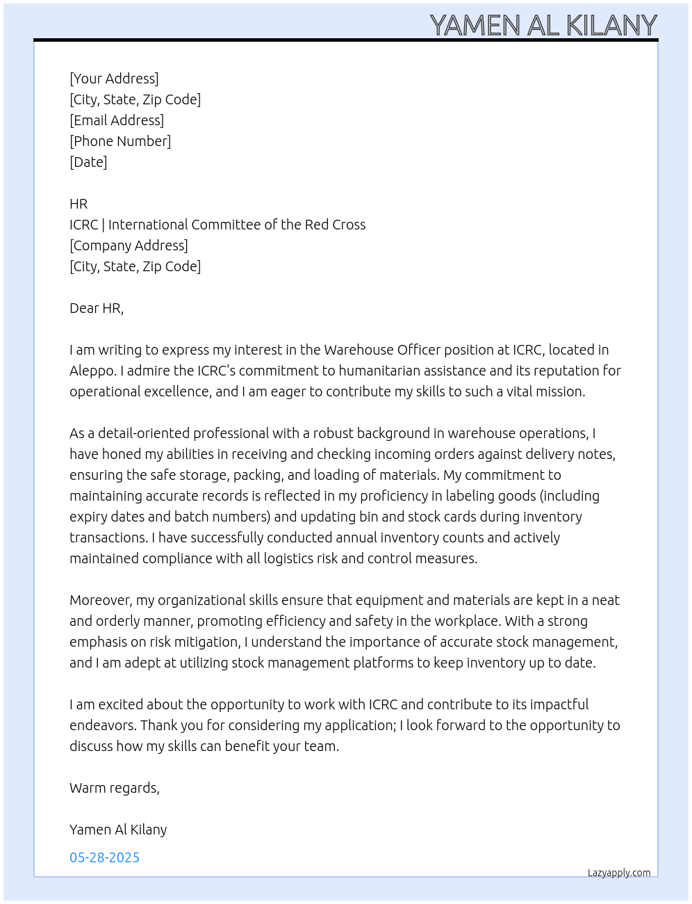 Warehouse Officer At ICRC | International Committee of the Red Cross Cover Letter