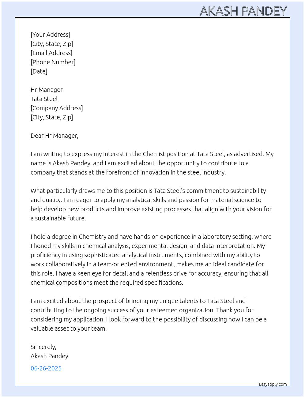 Chemist At Tata steel Cover Letter