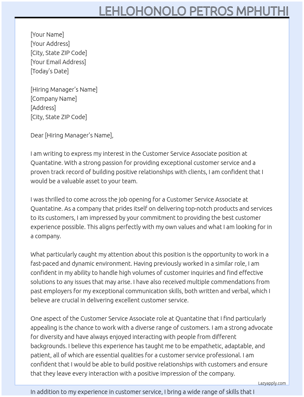 Customer Service Associate At Quantatine Cover Letter