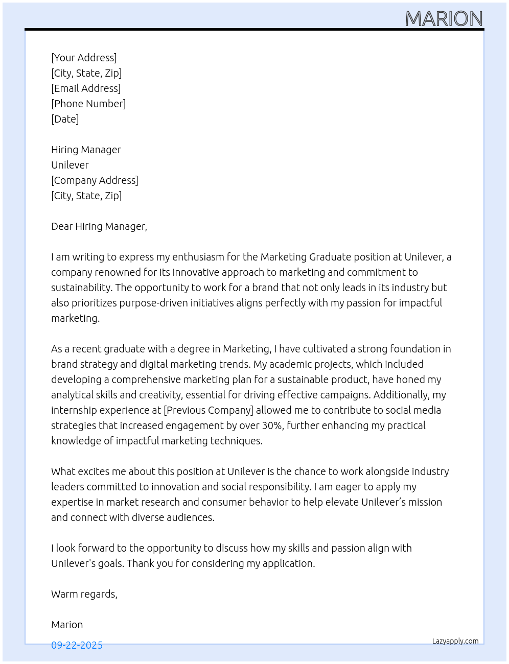 Marketing Gradute At Unilever Cover Letter