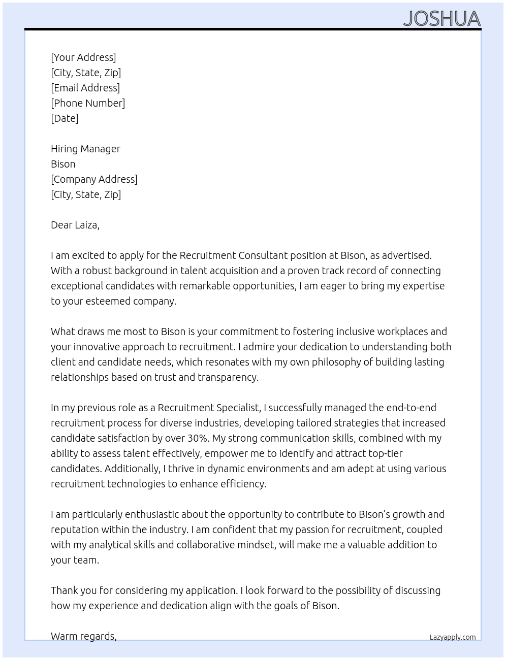 Recruitment Consultant At Bison Cover Letter