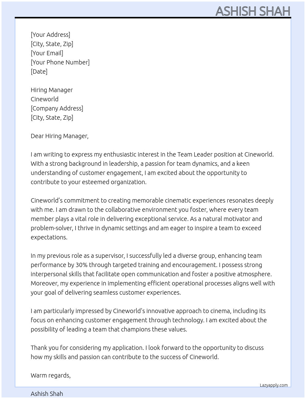 Team Leader At Cineworld Cover Letter