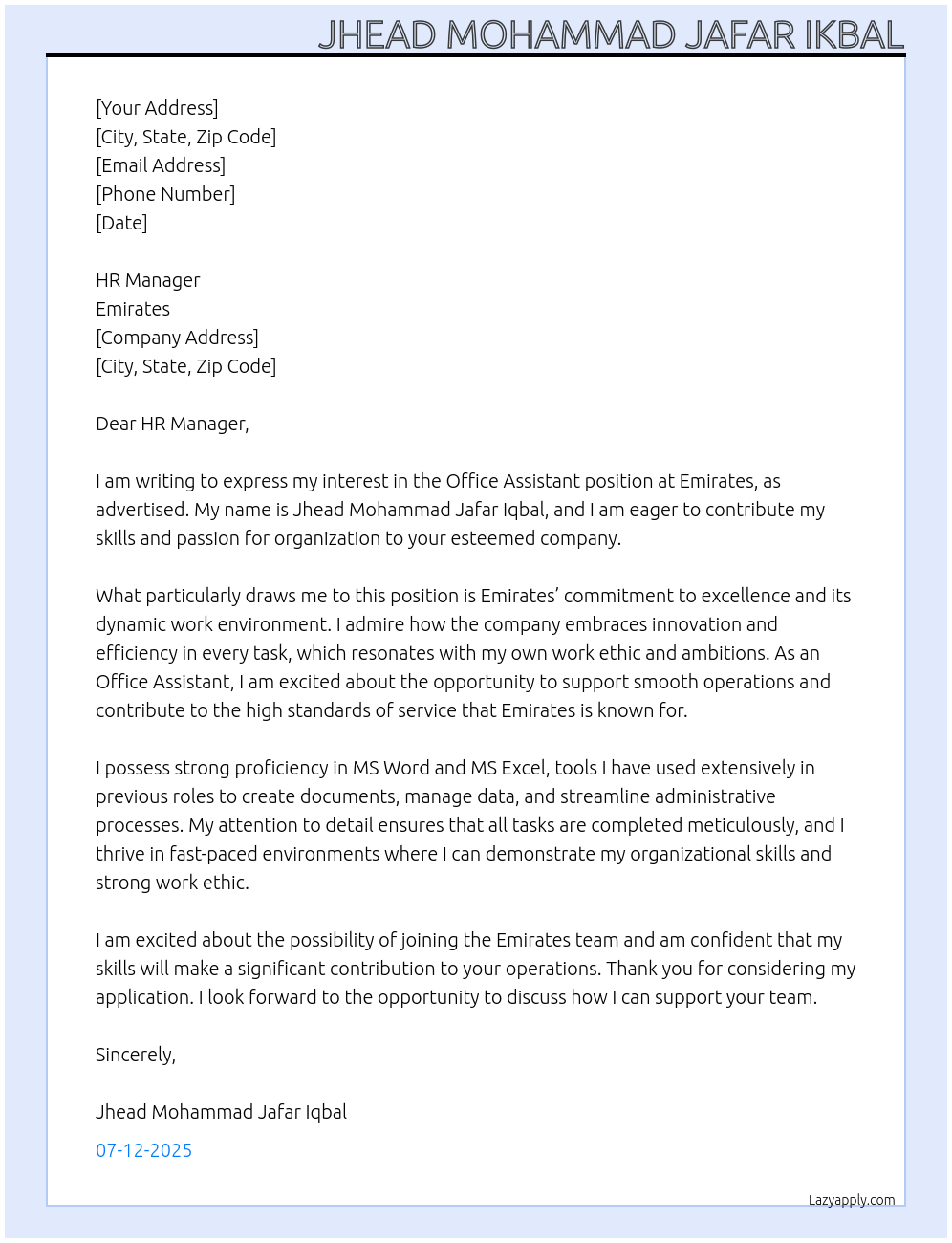 Office Assistant  At Emerates  Cover Letter