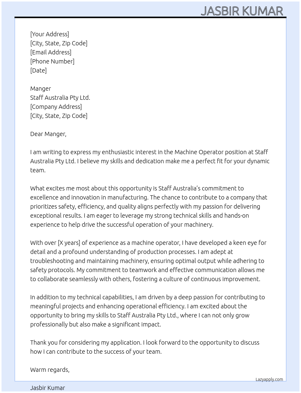 Machine operator At Staff Australia pty.ltd. Cover Letter