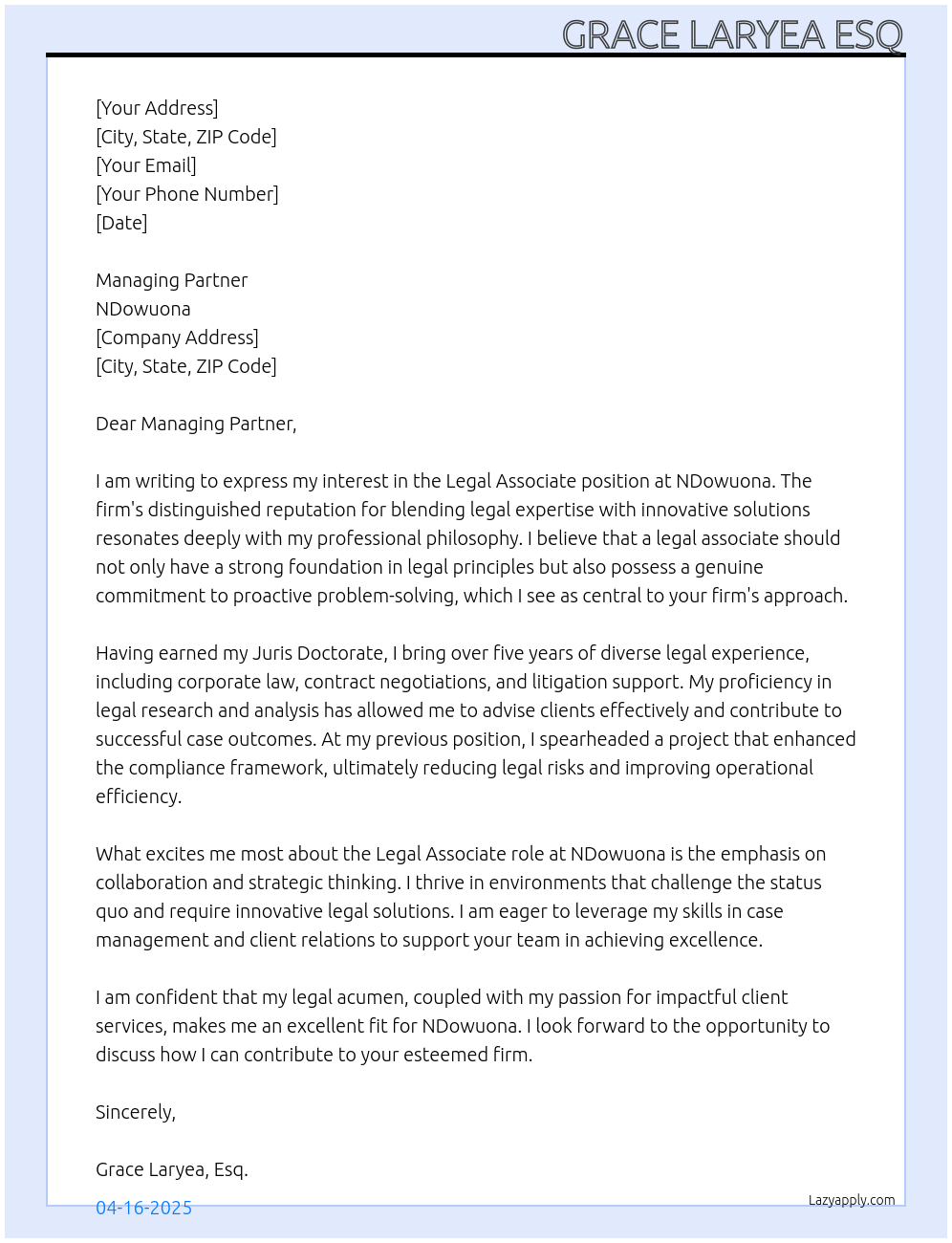 Legal Associate At NDowuona Cover Letter