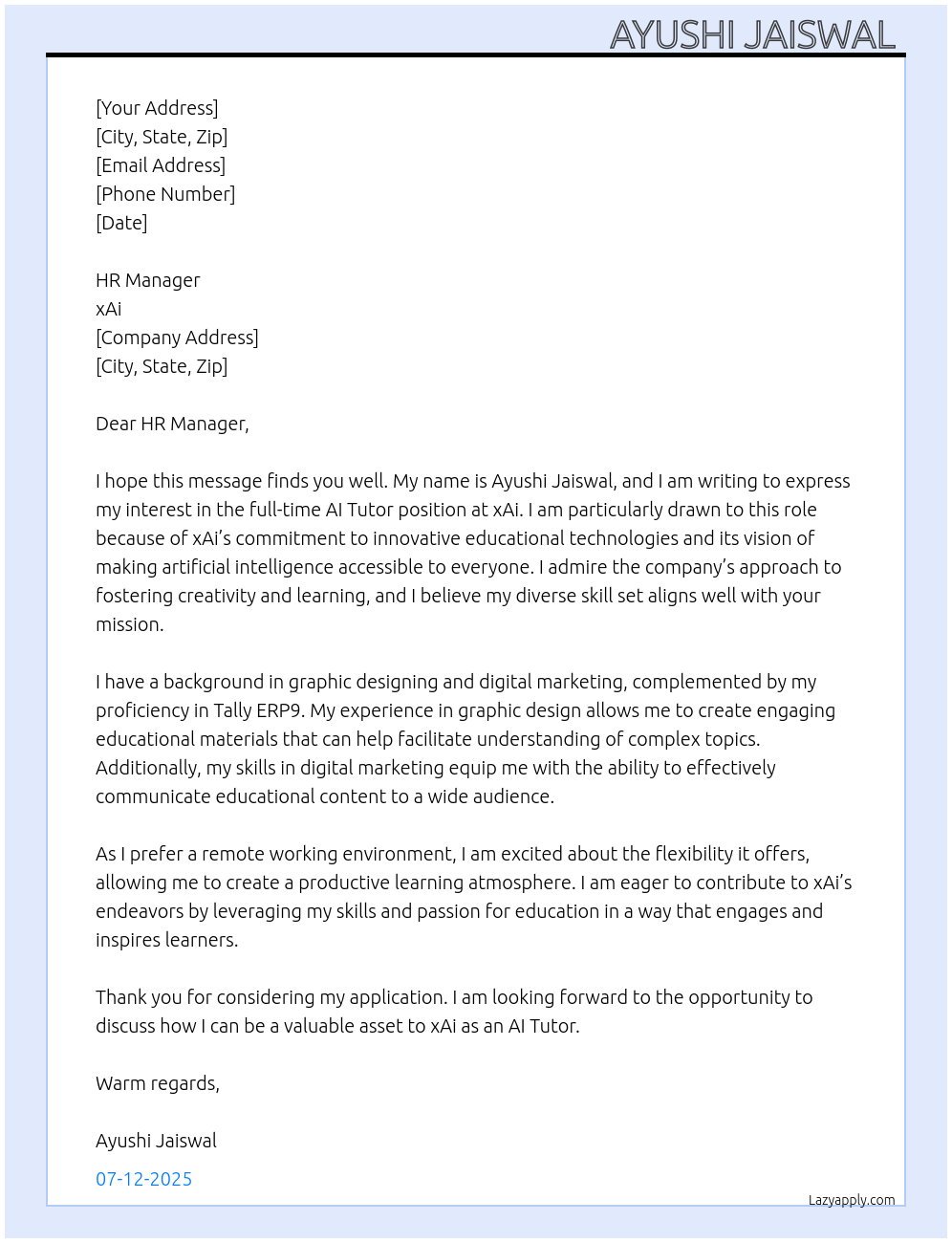 AI tutor At xAi Cover Letter