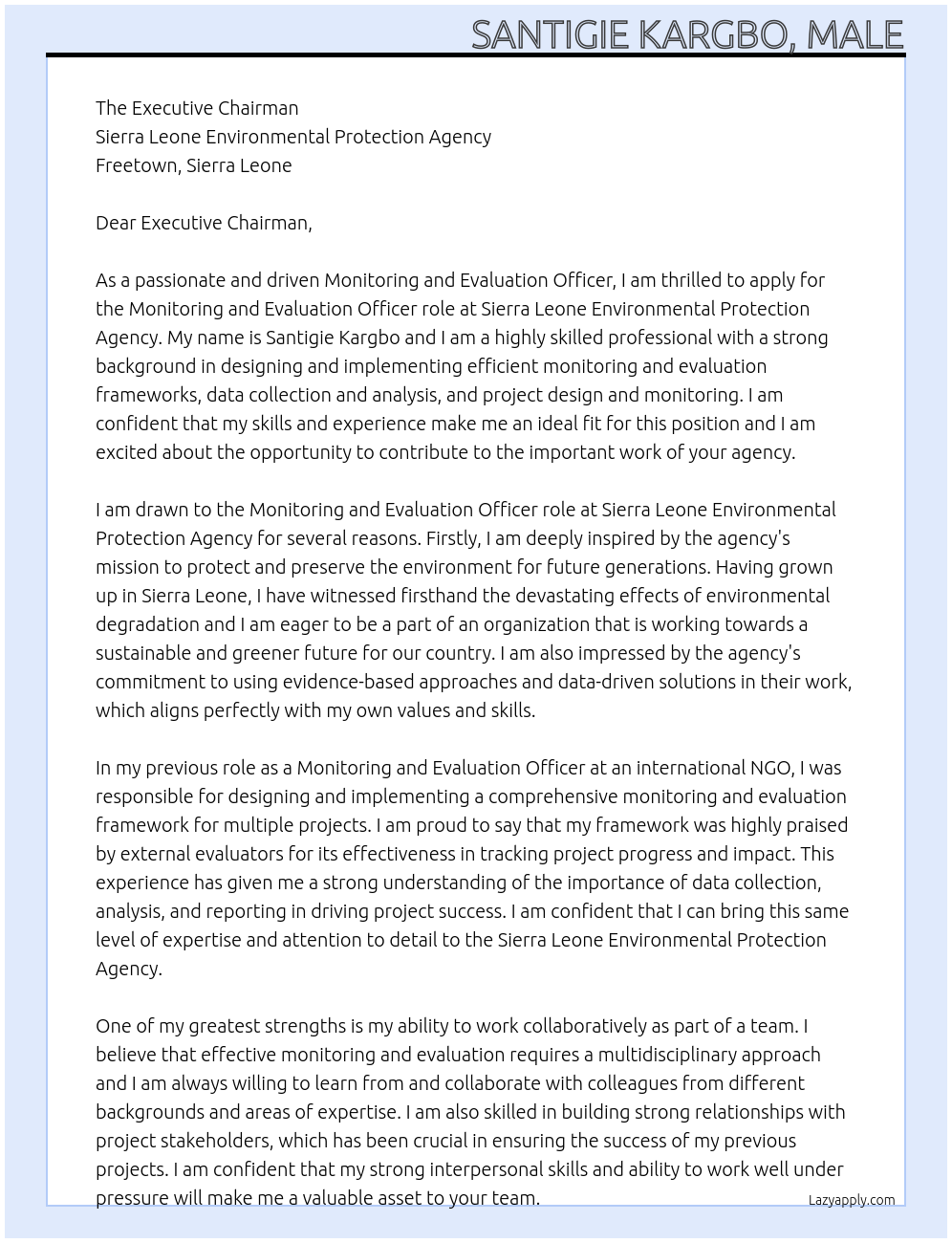 Monitoring and Evaluation Officer At Sierra Leone Environmental Protection Agency Cover Letter
