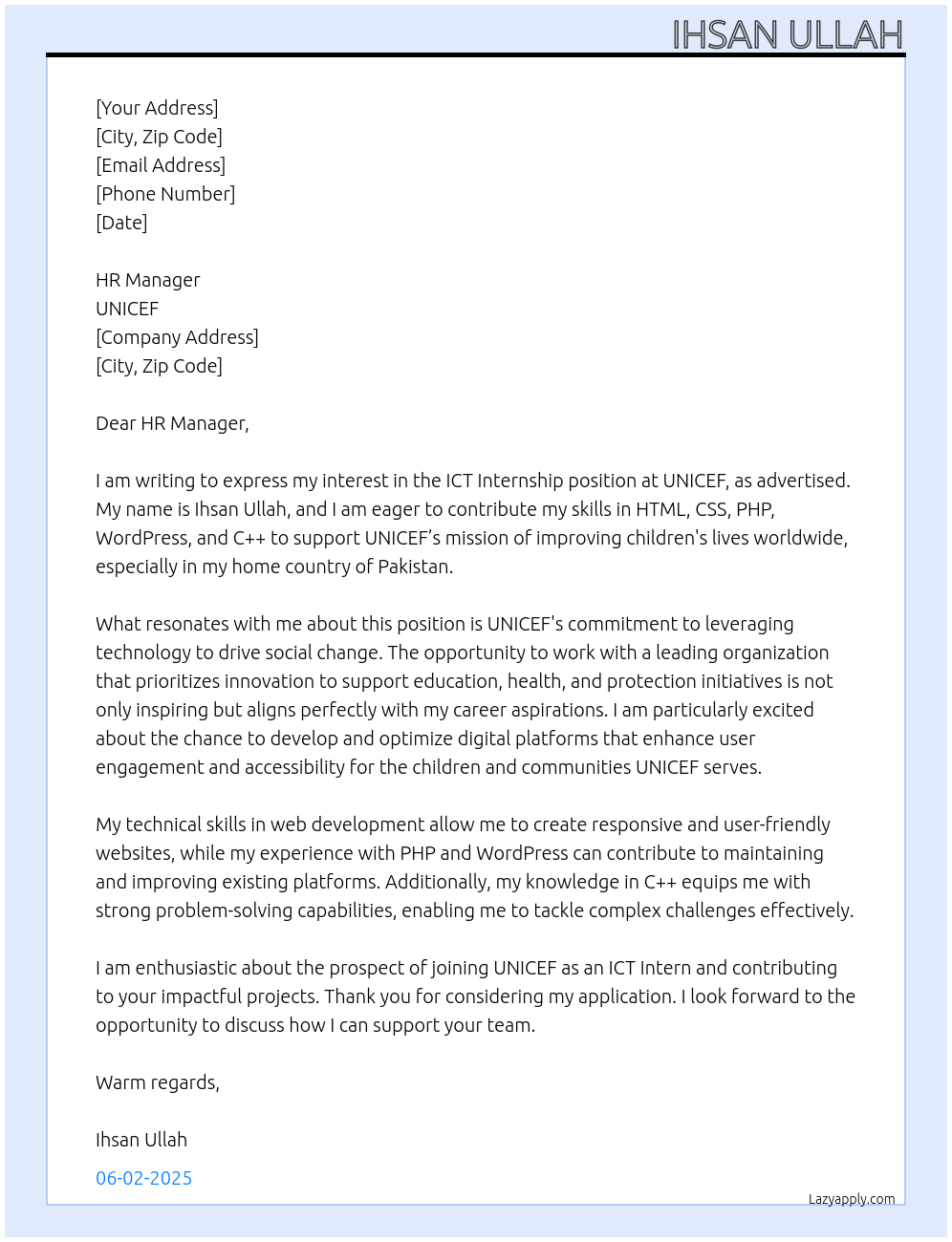 Cover letter for ict - LazyApply