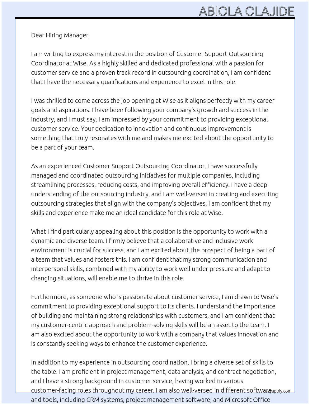 Cover letter for customer support outsourcing coordinator - LazyApply