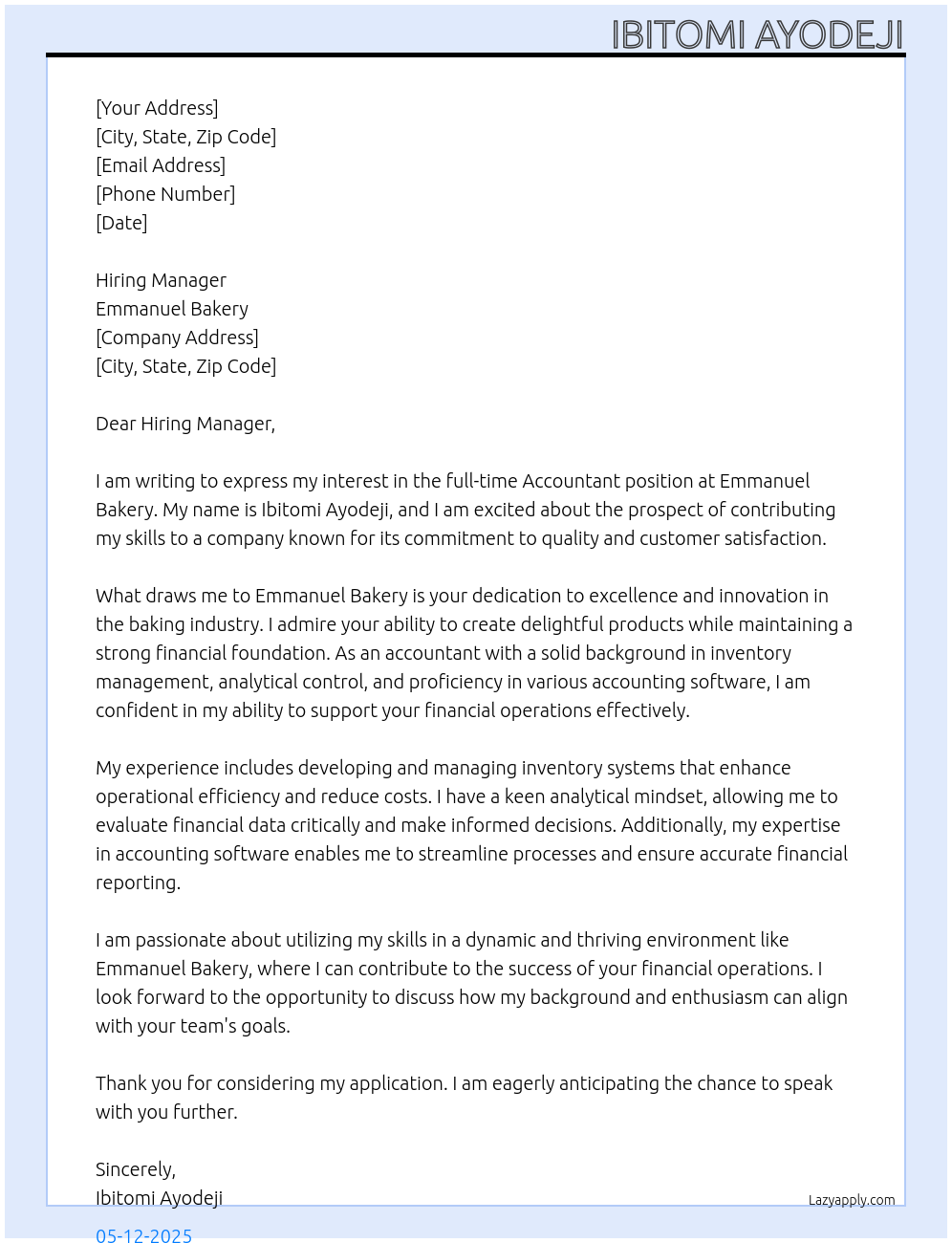 Accountant At Emmanuel bakery Cover Letter