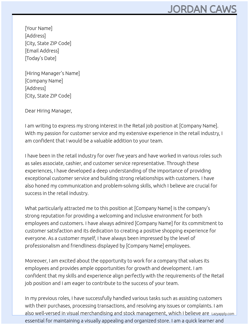 Cover letter for retail job - LazyApply