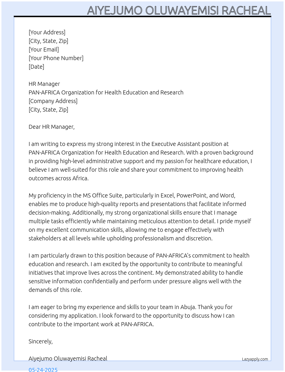 Executive Assistant  At PAN-AFRICA Organization for health education and Research  Cover Letter