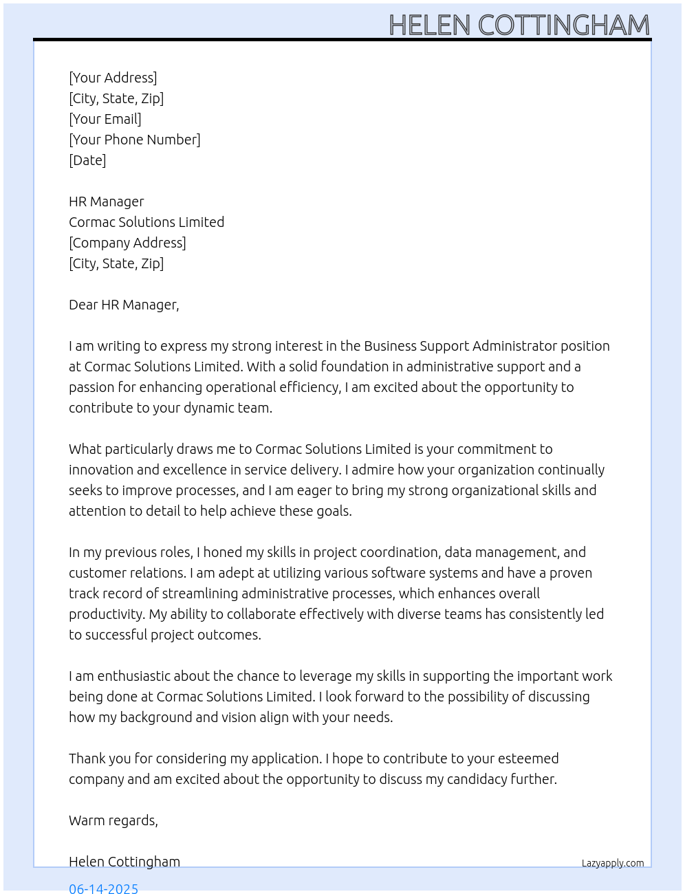 Cover letter for business support administrator - LazyApply