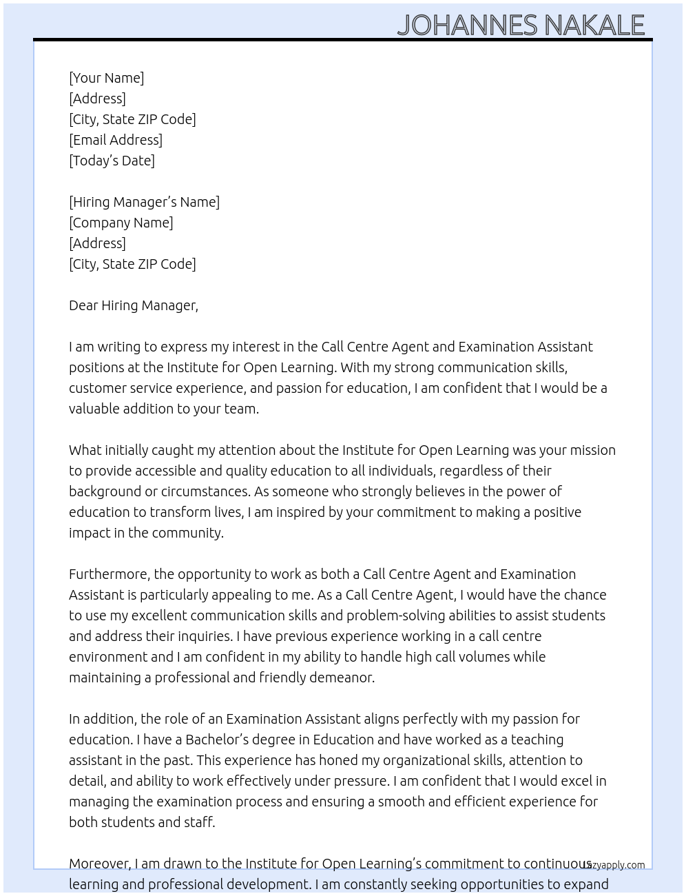 Cover letter for call centre agent and examination assistant - LazyApply
