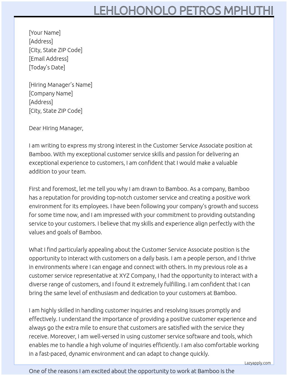 Customer Service Associate At Bamboo Cover Letter